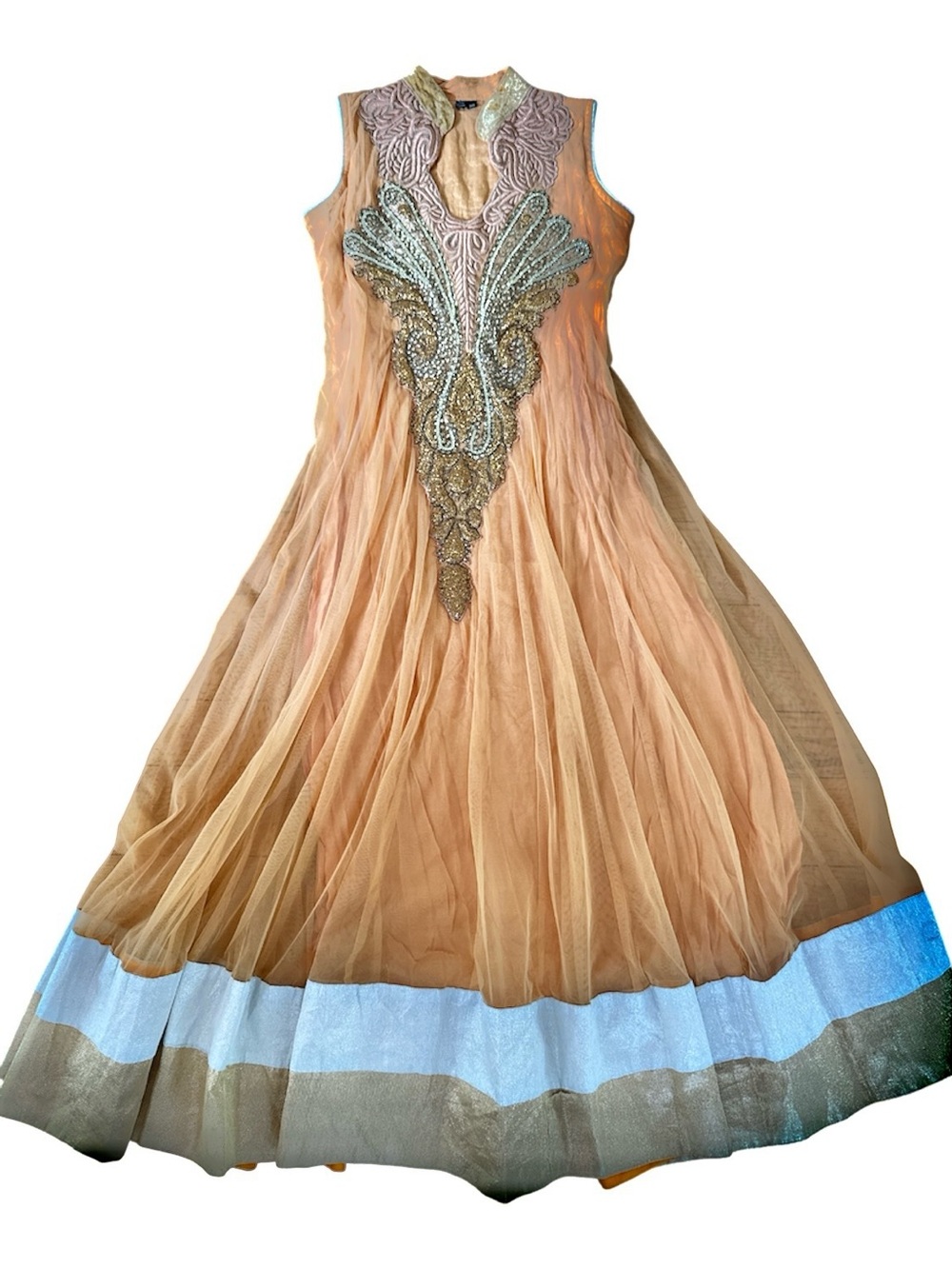 anarkali gown peach mesh halter neck design beading and Dupatta (shawl) small - Picture 14 of 14